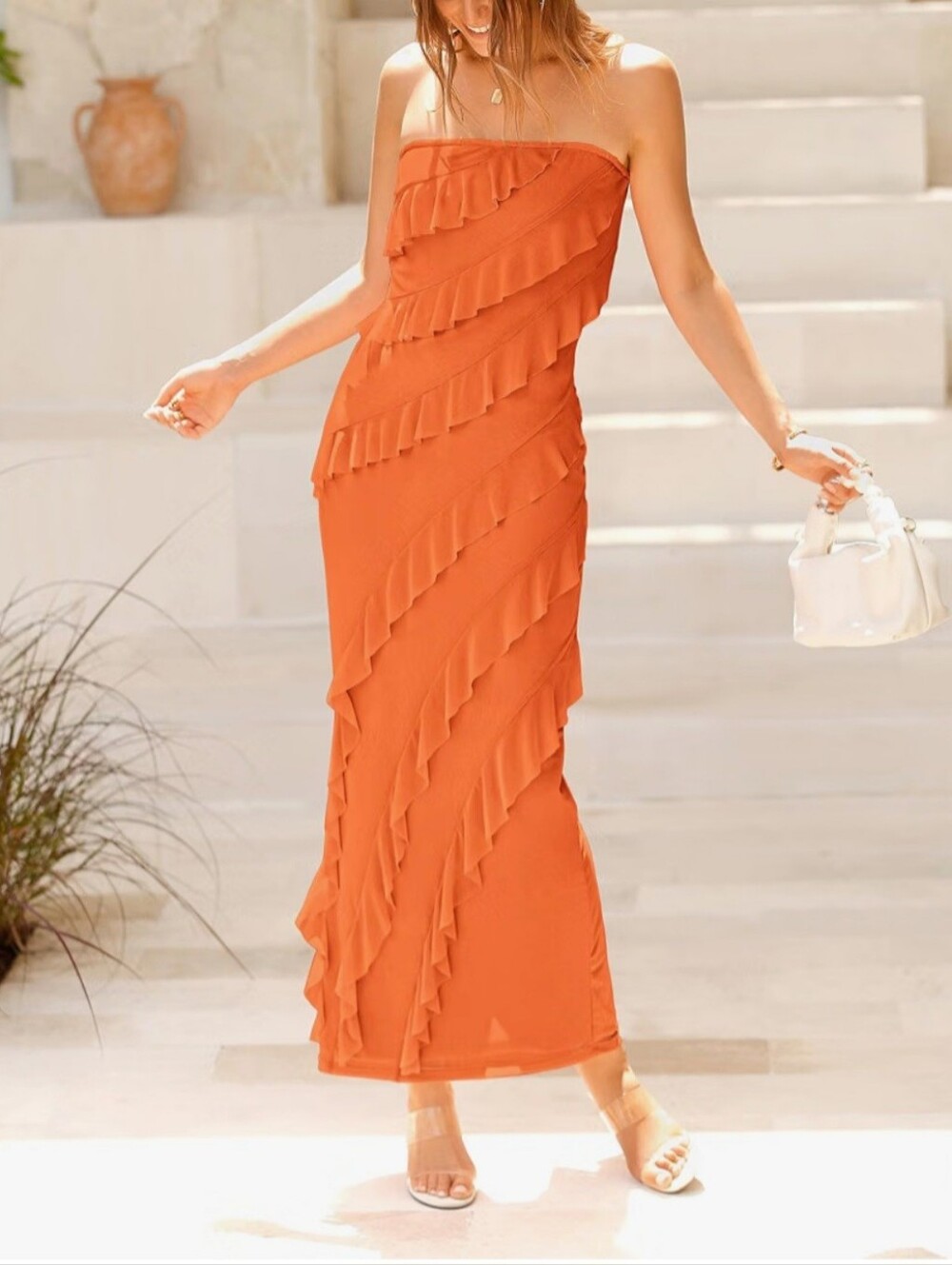 Orange Ruffle Maxi Dress - Picture 4 of 6